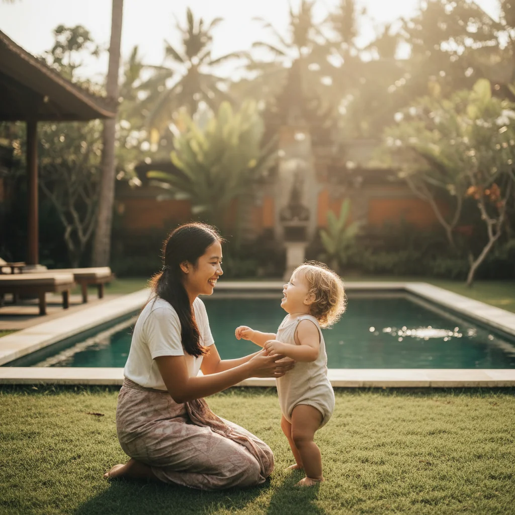 Professional nanny playing with child at Bali villa